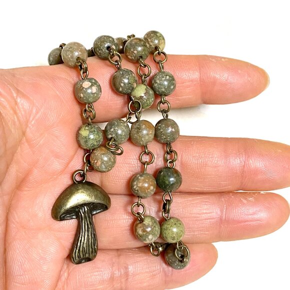 Natural Earthy Unakite Necklace, Cute Bronze Slim Mushroom + Genuine Gemstone - Picture 15 of 15